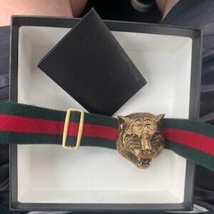 Vintage gucci feline belt green/red with box tag and bag